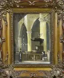 J. Jong, Kerkgezicht met figuren, Olieverf op linnen
