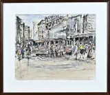Jan Korthals, Stadsgezicht met tram en figuren, Aquarel op papier