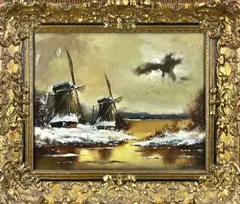 J. Enneking, Wintergezicht met windmolens, Olieverf op linnen