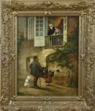 Albert Jurardus van Prooijen, Figuren met draaiorgel voor balkon, Olieverf op paneel
