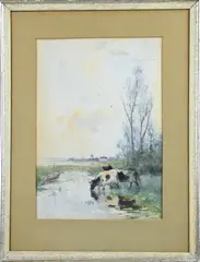 Willem Cornelis Rip, Landschap met koeien bij drenkplaats, Aquarel op papier