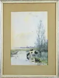 Willem Cornelis Rip, Landschap met koeien bij drenkplaats, Aquarel op papier