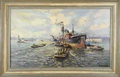 Evert Moll, Rotterdamse haven met schepen, Olieverf op linnen