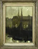 Frédéric De Smet, Havengezicht met kerk Ostende, Olieverf op paneel