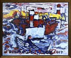 Figuur in roeiboot by Groot werk van Anton Heyboer, Olieverf op papier, sold Jan 2023