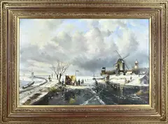 W. van Kampen, Hollands wintergezicht met ijspret, Olieverf op linnen