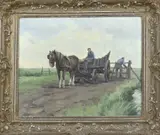Willem Frederik Noordijk, Landschap met boeren en paardenkar, Olieverf op linnen