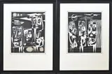 Twee werken van Eef de Weerd, Abstract figuratief, Gemengde techniek op papier