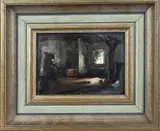 Toon Koster, Boeren-interieur met boerin, Olieverf op paneel