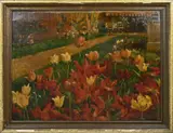 Onduid. gesig., Tuin met tulpen, Olieverf op linnen