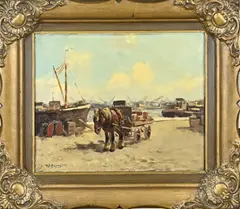 W.J. Beijnen, Rotterdamse kade met paardenkar, Olieverf op linnen
