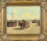 W.J. Beijnen, Rotterdamse kade met paardenkar, Olieverf op linnen
