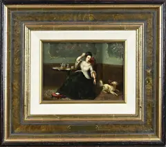 Dame met bol wol en hond die slof steelt by David Bles, Olieverf op paneel, sold Jan 2023