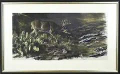 Terry Donahue, Landschap met edelhert, Gouache op papier