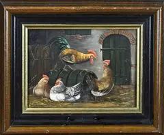 H. van Tankeren, Kippen in schuur, Olieverf op paneel