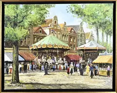 A. Wilhelmus, Stadsgezicht met kermis en figuren, Olieverf op linnen