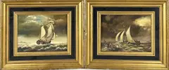 John Fecit, 2x Zeegezicht met boten, Olieverf op paneel