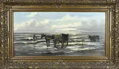W. Visser, Schelpenvissers aan het strand, Olieverf op linnen