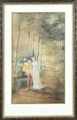 Anton Molkenboer, Romantisch wandelend paar, Aquarel op papier