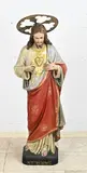 Heilig hart beeld met aureool, H 118 cm., Groot 19e eeuws gipsen gepolychromeerd Heilig hart beeld met aureool van messing