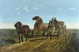 Jules Montigny, Paardenspan op landweg, Olieverf op linnen