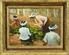 D. Hoenson, Landschap met Javaanse vrouw, Olieverf op paneel