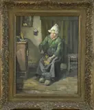 H. Weegewijs, Koffiemalende boerenvrouw in interieur, Olieverf op linnen