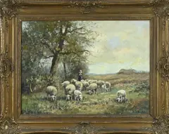 Piet Bouter, Landschap met schapen en boerin, Olieverf op linnen