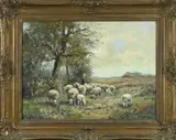 Piet Bouter, Landschap met schapen en boerin, Olieverf op linnen
