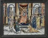 18e Eeuws achter-glas-schilderij, Salomons oordeel, Verf laat iets los