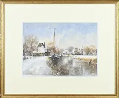 G.J. Veenstra, Winters dorpsgezicht, Aquarel op papier