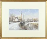 G.J. Veenstra, Winters dorpsgezicht, Aquarel op papier