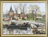 Gerhart Bakker, Stadspoort met haven Elburg, Olieverf op linnen
