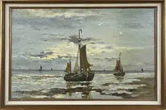 A.J. Berry, Katwijkse bomschuiten met vissersvolk, Olieverf op linnen