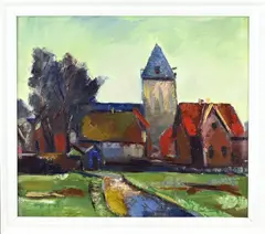 Herkomst atelier Eef de Weerd, Kerk (expressief), Olieverf op linnen