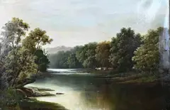M. Winder, Riviergezicht met koeien langs de rivierkant, Olieverf op linnen