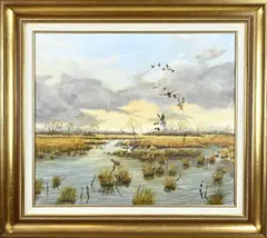Plasgezicht met opvliegen de eenden by Gé Nijhuis, Olieverf op linnen, sold Oct 2022