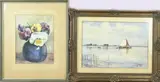 R. Visser + P.A Nijgh, Platbodem op meer + Vaas met violen, Aquarellen op papier