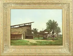 J. Schijvens, Boerderij met koeien en knotwilg, Olieverf op linnen