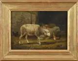 Cornelius Van Leemputten, Schapen en kippen in stal, Olieverf op paneel