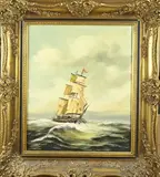 J. Visser, Zeegezicht met klipper, Olieverf op linnen