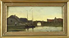 W.J. Groningen, Havengezicht met figuren, Olieverf op paneel