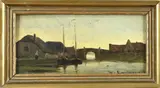 W.J. Groningen, Havengezicht met figuren, Olieverf op paneel