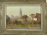 Jan Simon  Knikker, Zomers dorpsgezicht, Olieverf op linnen