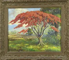 H. Rietberg, Landschap met vuurboom, Olieverf op linnen