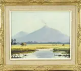 Frederik Kaxnaa, Indonesisch landschap met vulkaan, Olieverf op linnen