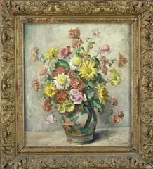 Keulse kan met bloemen by Hugo Berten, Olieverf op linnen, sold Oct 2022