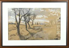 Jan van der Zee, Landschap met landarbeider, Aquarel op papier