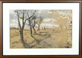 Jan van der Zee, Landschap met landarbeider, Aquarel op papier