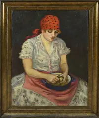 N. Zeleky, Vrouw aan het aardappelen schillen, 1929, Olieverf op linnen
